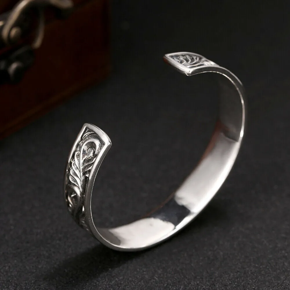 Men's Real Solid 925 Sterling Silver Cuff Bracelet Bangle Leaf Pattern Fashion Punk Jewelry