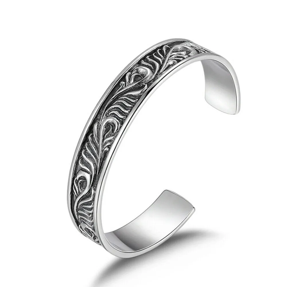 Men's Real Solid 925 Sterling Silver Cuff Bracelet Bangle Leaf Pattern Fashion Punk Jewelry