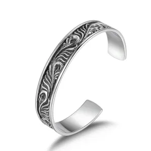 Men's Real Solid 925 Sterling Silver Cuff Bracelet Bangle Leaf Pattern Fashion Punk Jewelry