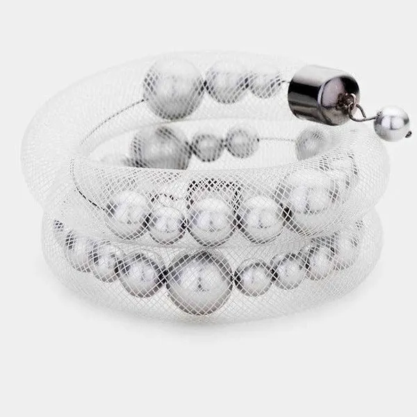 Mesh Tube Gray Pearl Adjustable Bracelet