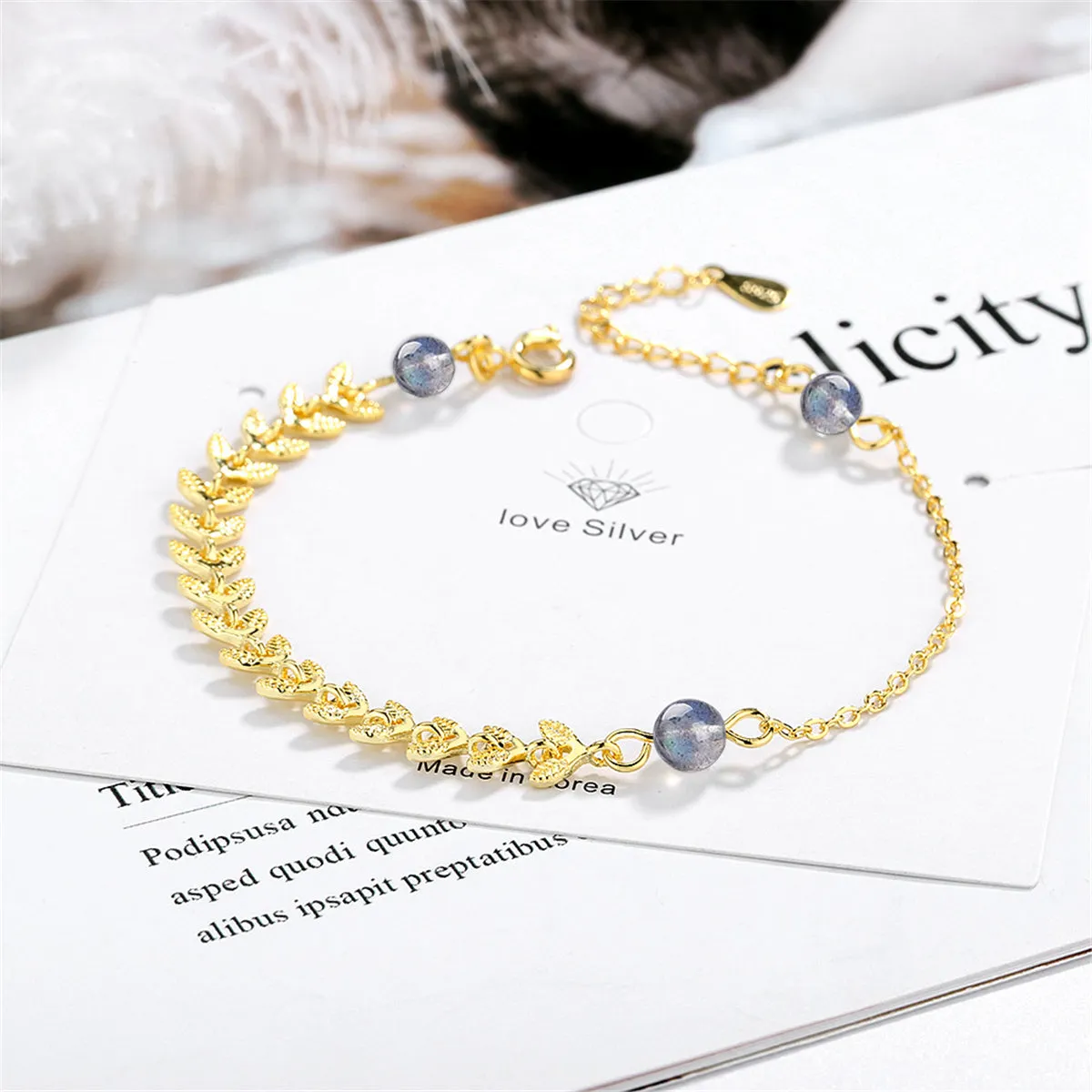 Moonstone & 18K Gold-Plated Leaves Station Bracelet