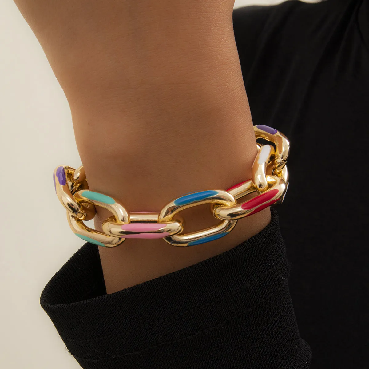 Multicolor Enamel & 18K Gold-Plated Cable Chain Bracelet