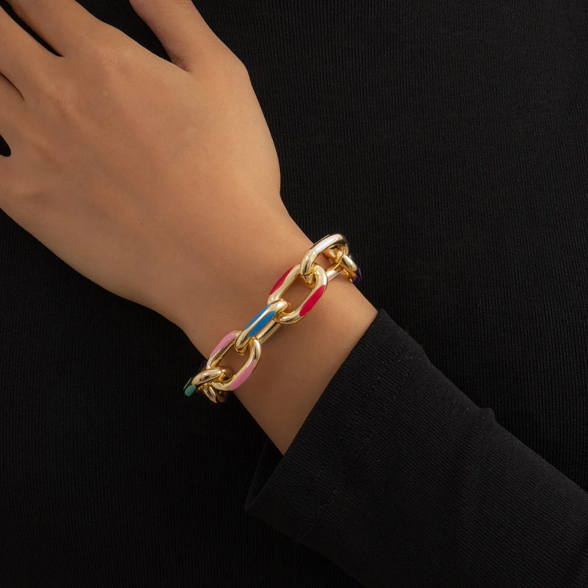 Multicolor Enamel & 18K Gold-Plated Cable Chain Bracelet
