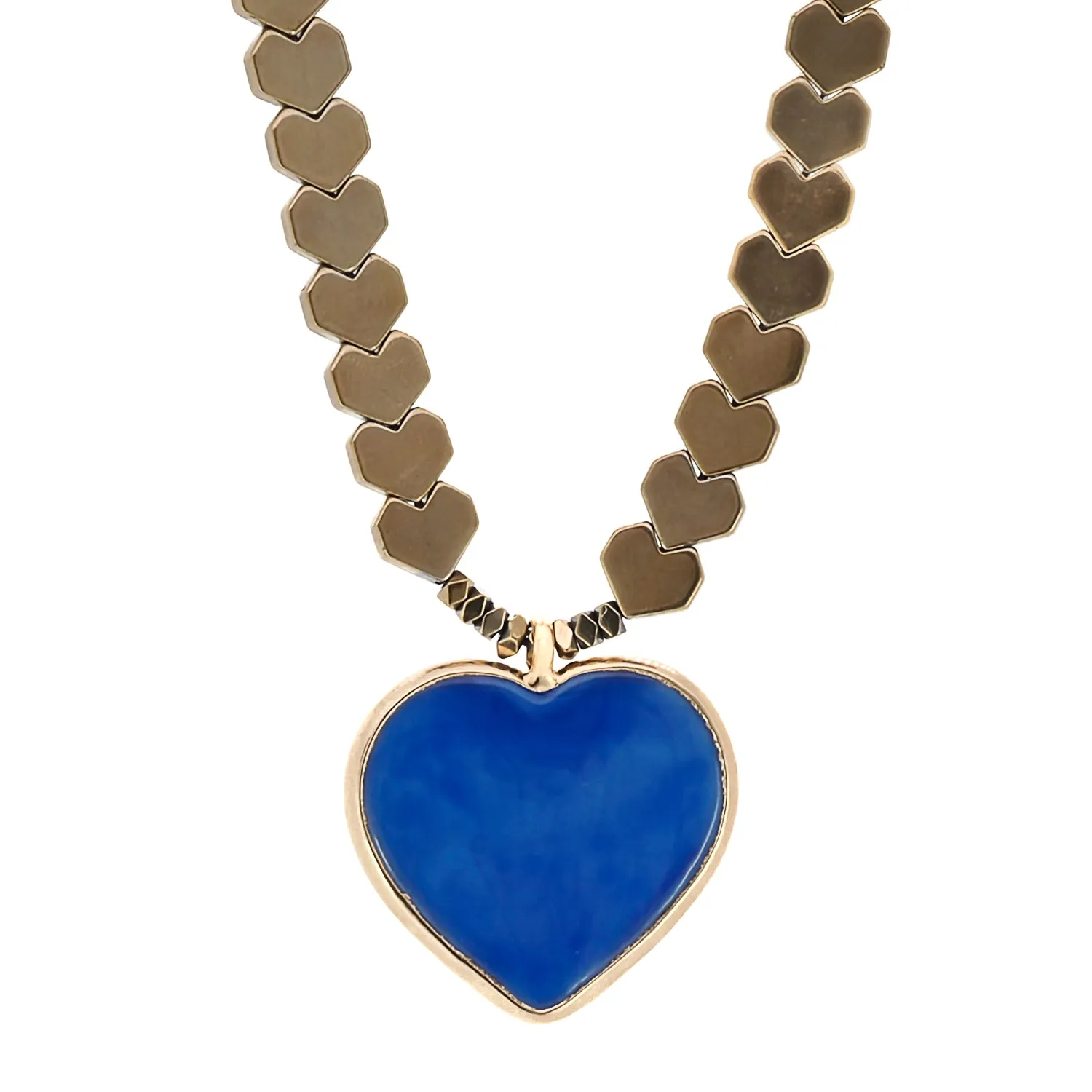 Murano Glass Blue Heart Pendant Gold Hematite Happy Necklace
