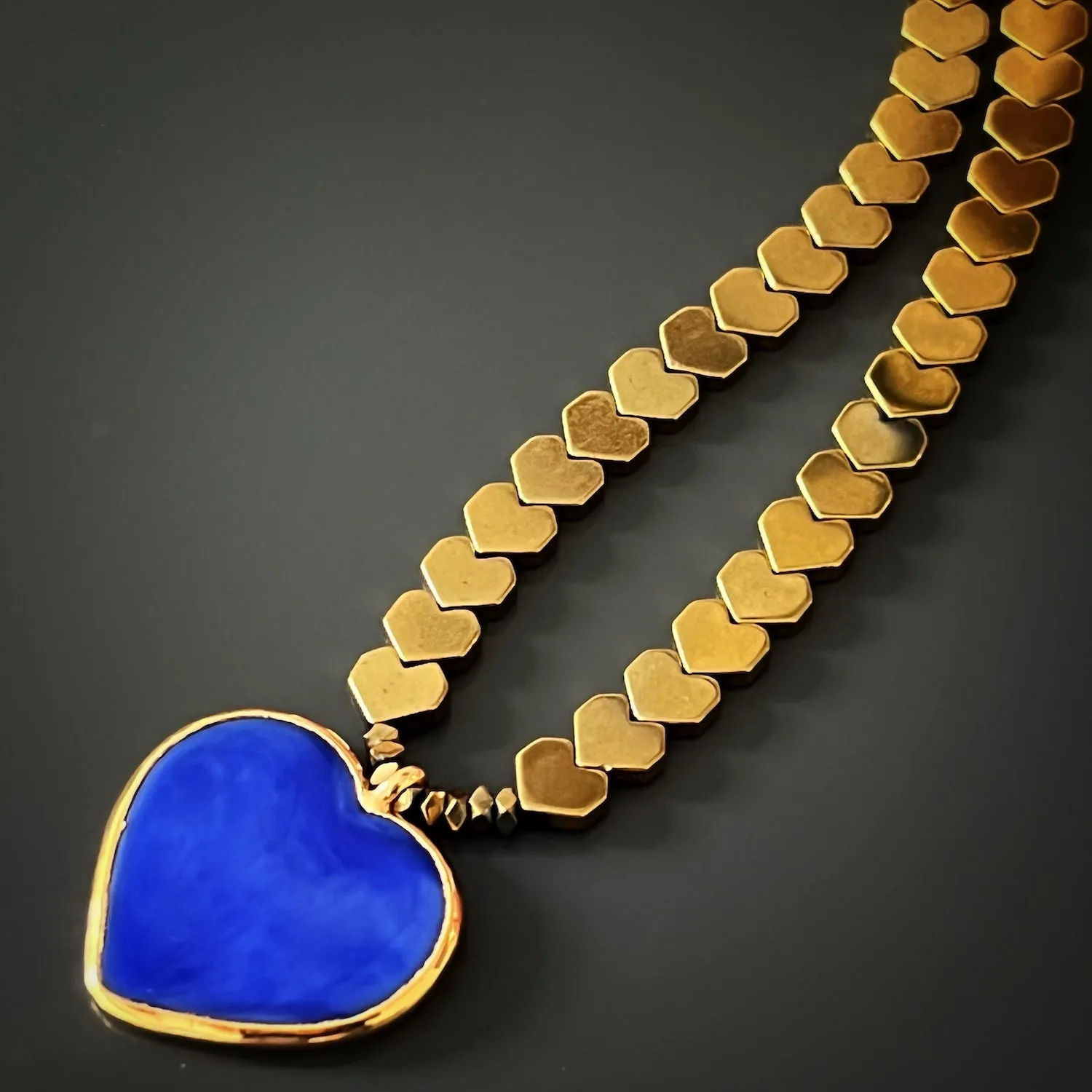Murano Glass Blue Heart Pendant Gold Hematite Happy Necklace