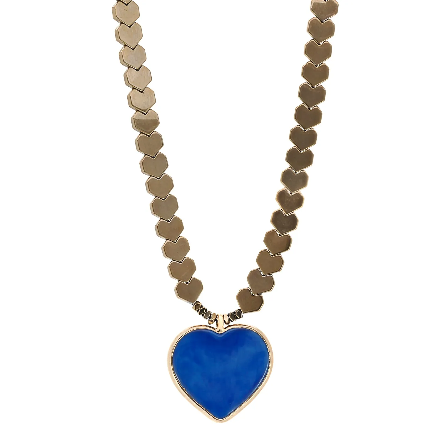 Murano Glass Blue Heart Pendant Gold Hematite Happy Necklace