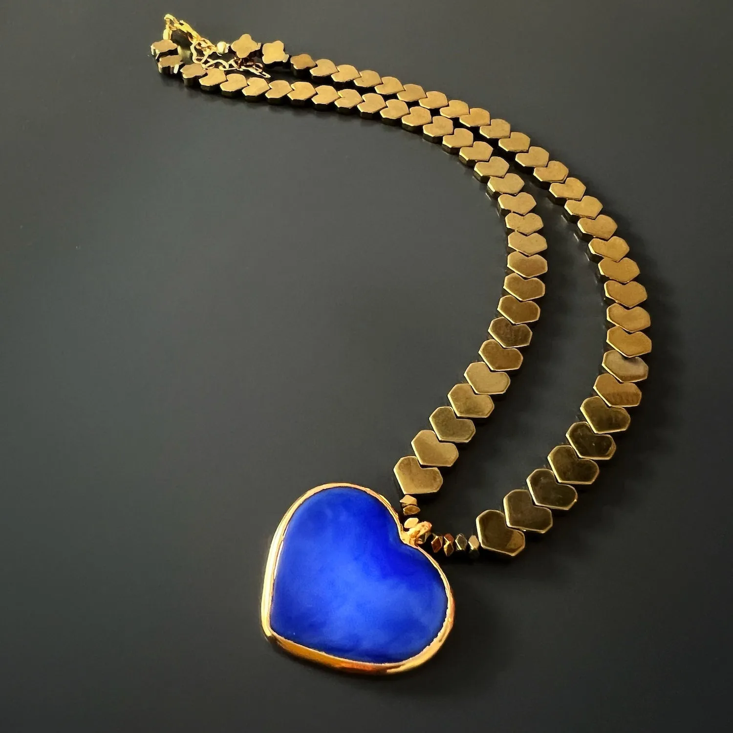 Murano Glass Blue Heart Pendant Gold Hematite Happy Necklace
