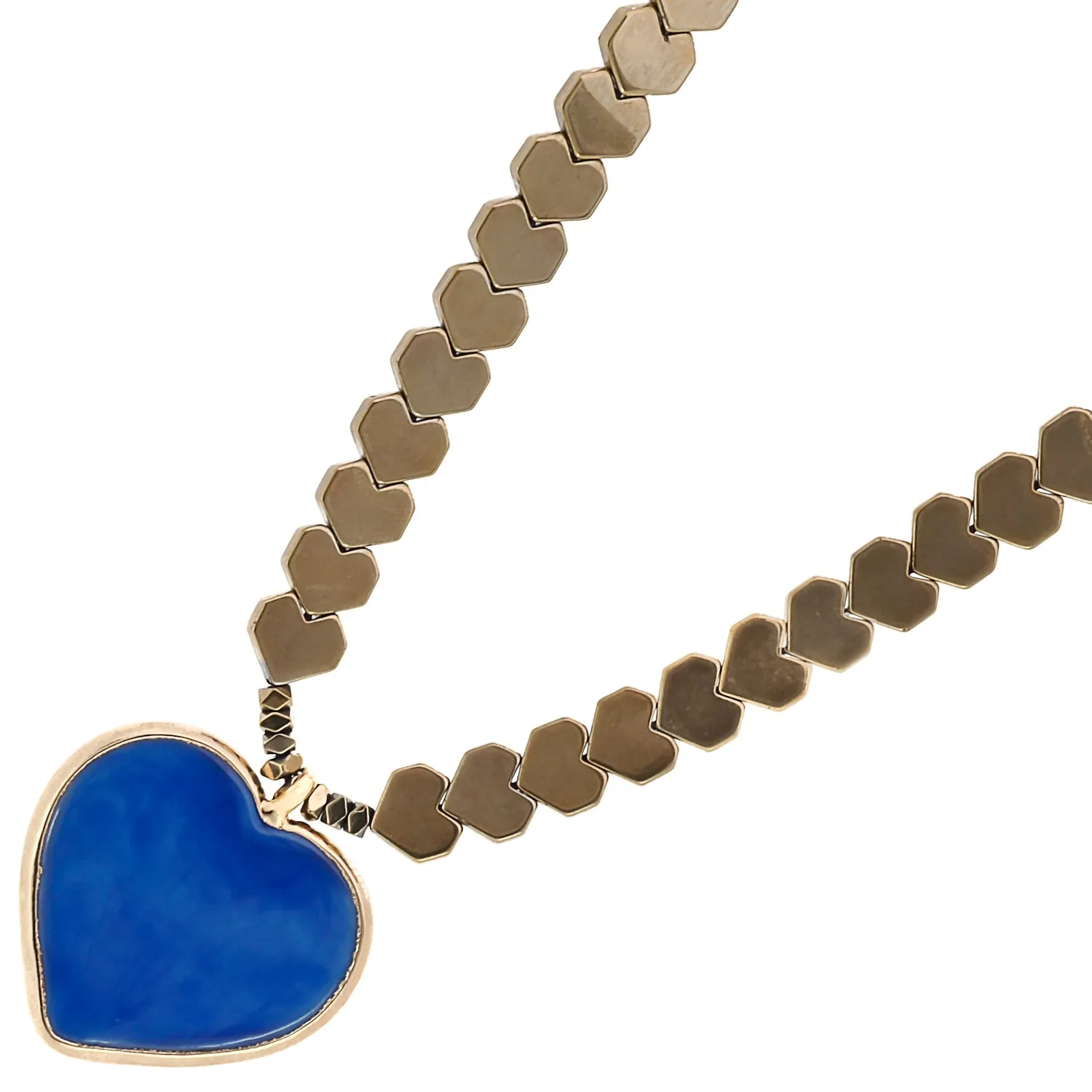 Murano Glass Blue Heart Pendant Gold Hematite Happy Necklace