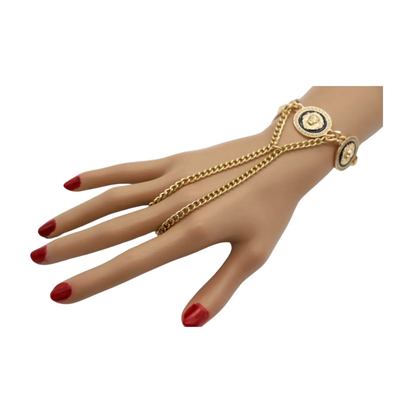 New Women Silver Metal Hand Chain Bracelet Connected Ring Lion Coin Medallion Charms (Copy)