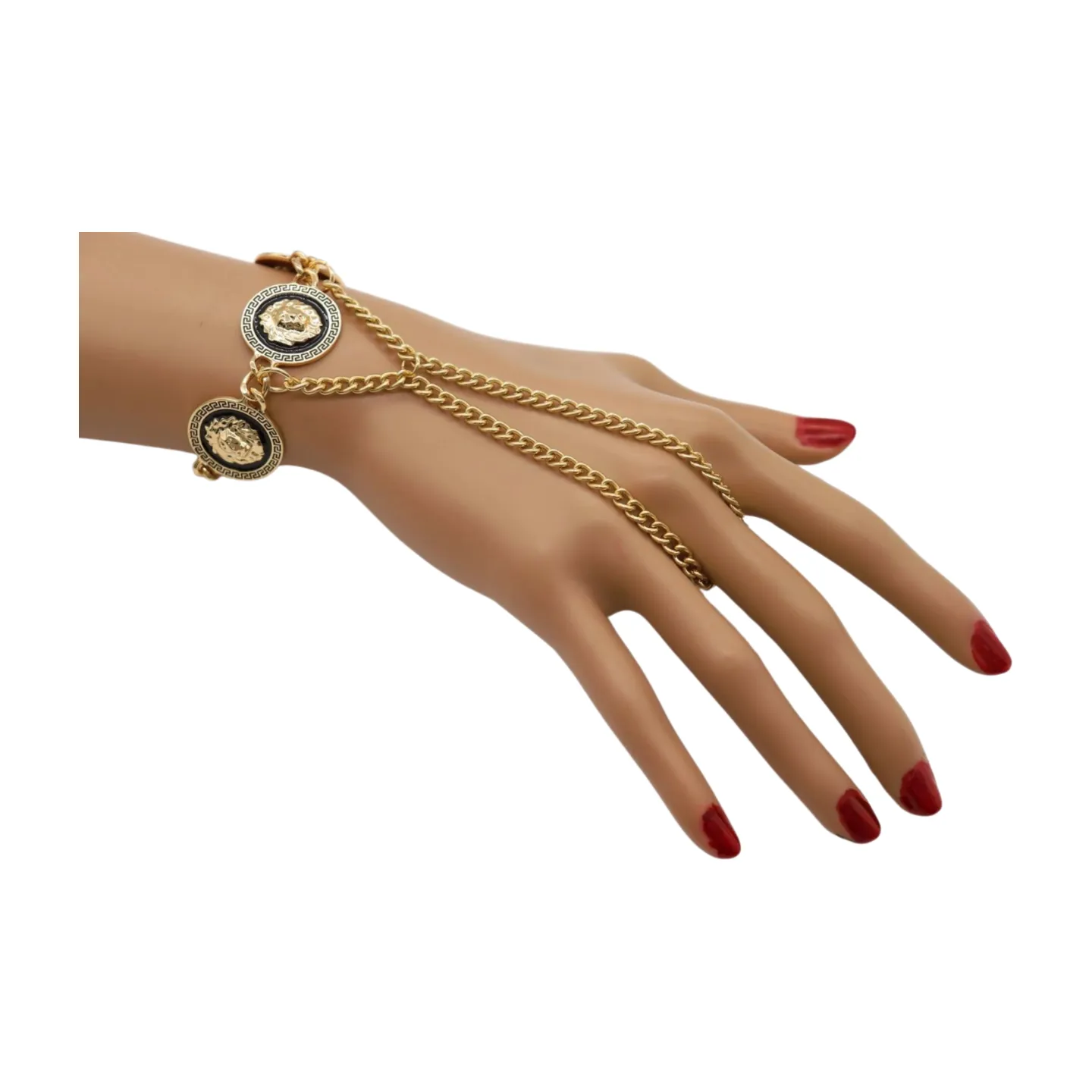 New Women Silver Metal Hand Chain Bracelet Connected Ring Lion Coin Medallion Charms (Copy)