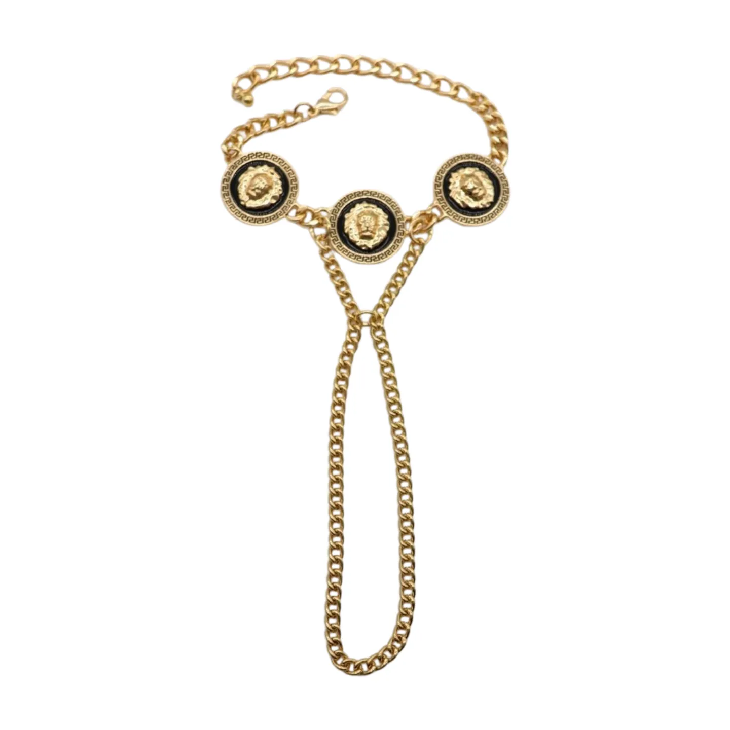 New Women Silver Metal Hand Chain Bracelet Connected Ring Lion Coin Medallion Charms (Copy)