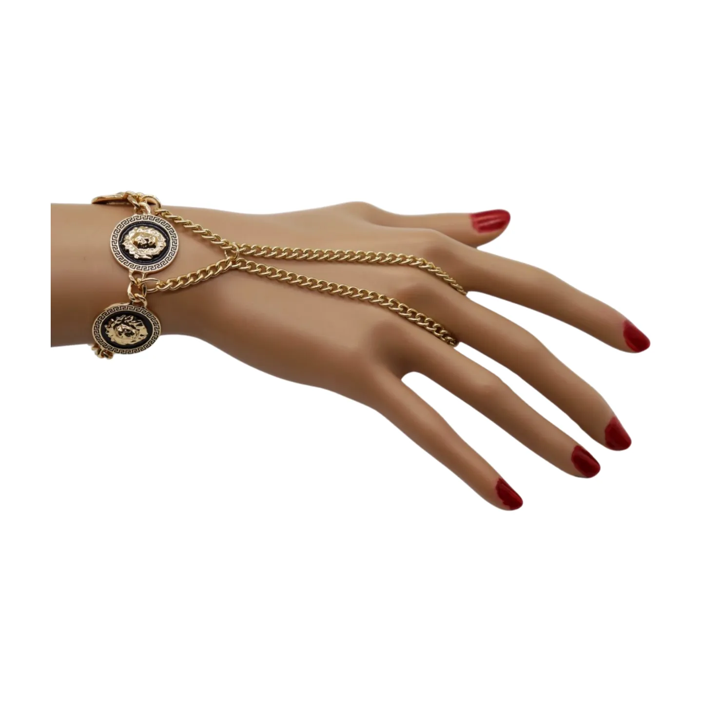 New Women Silver Metal Hand Chain Bracelet Connected Ring Lion Coin Medallion Charms (Copy)