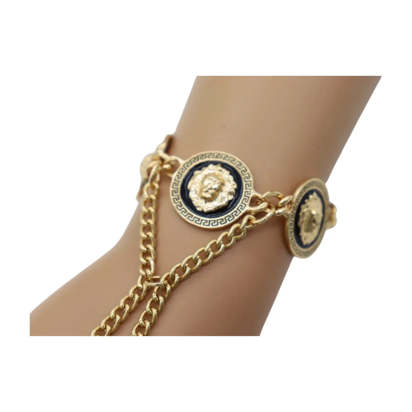 New Women Silver Metal Hand Chain Bracelet Connected Ring Lion Coin Medallion Charms (Copy)