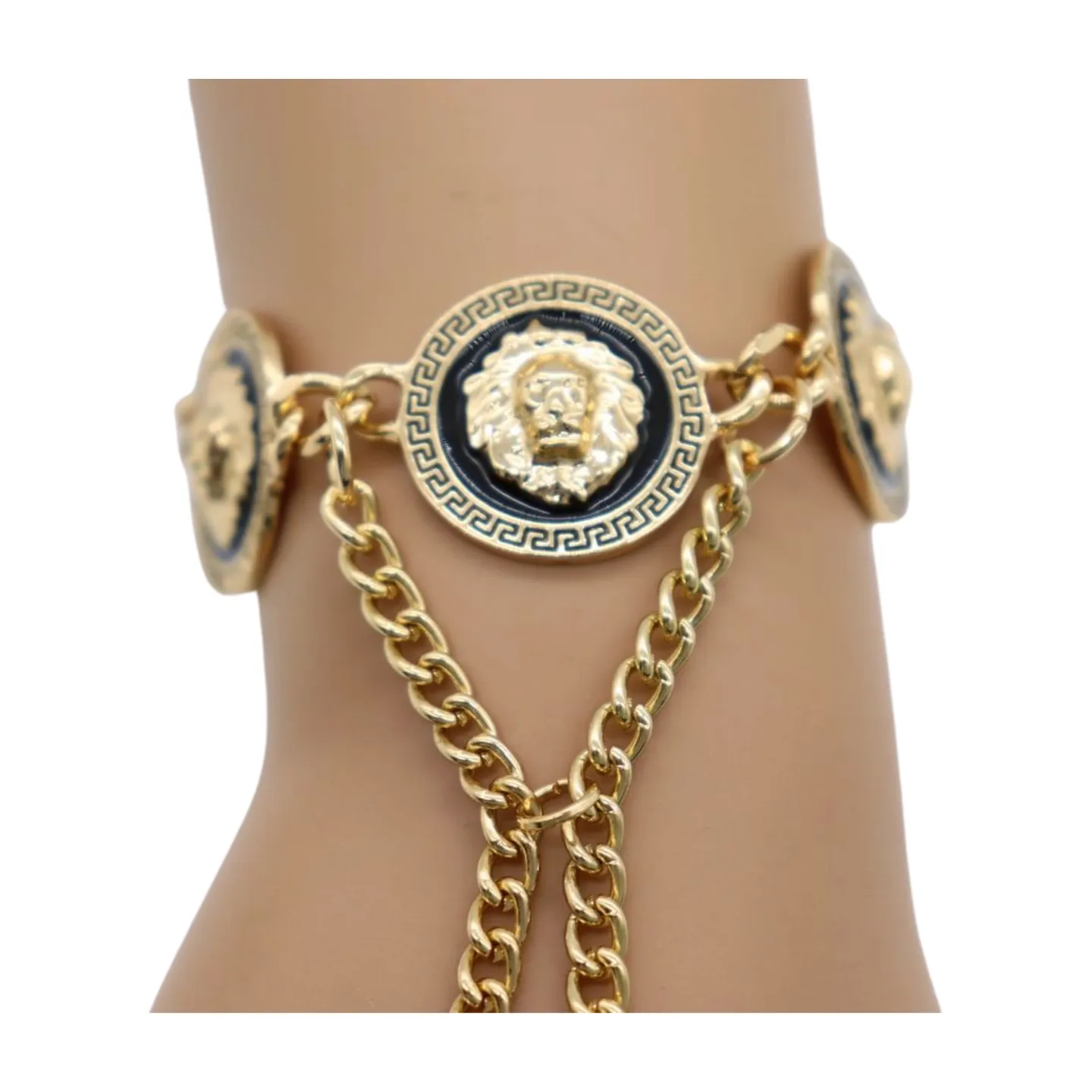 New Women Silver Metal Hand Chain Bracelet Connected Ring Lion Coin Medallion Charms (Copy)