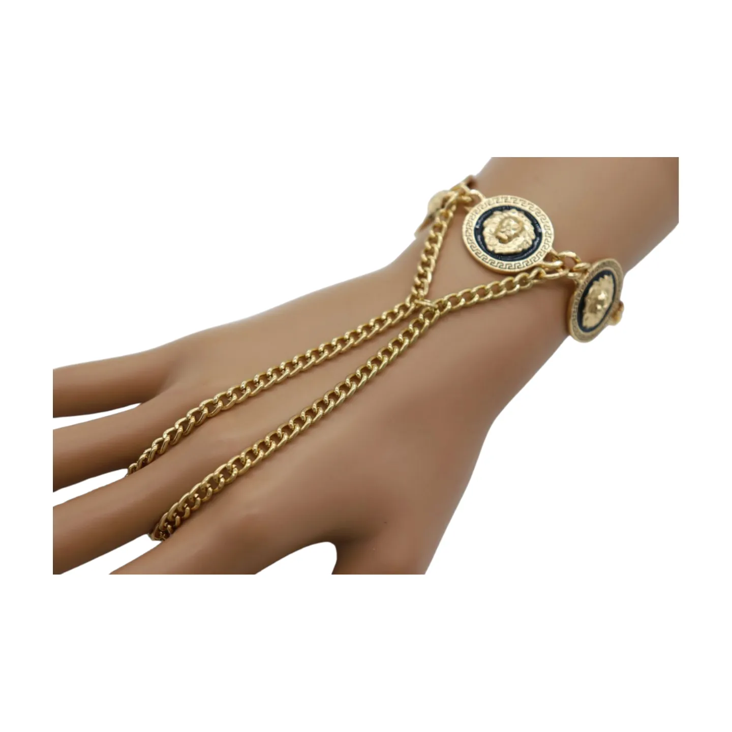 New Women Silver Metal Hand Chain Bracelet Connected Ring Lion Coin Medallion Charms (Copy)