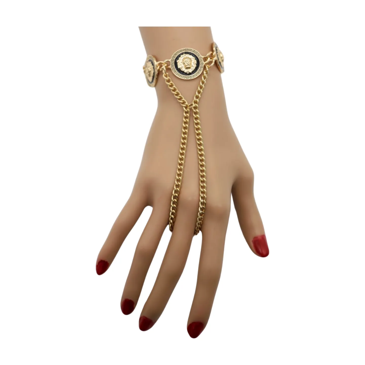New Women Silver Metal Hand Chain Bracelet Connected Ring Lion Coin Medallion Charms (Copy)