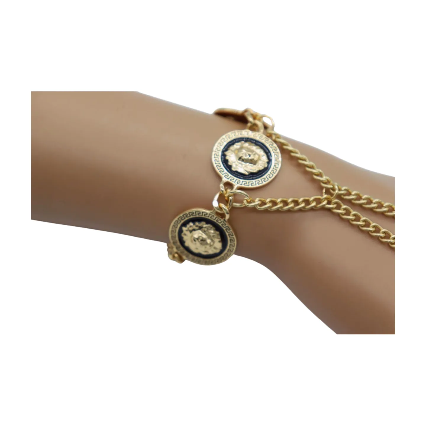 New Women Silver Metal Hand Chain Bracelet Connected Ring Lion Coin Medallion Charms (Copy)