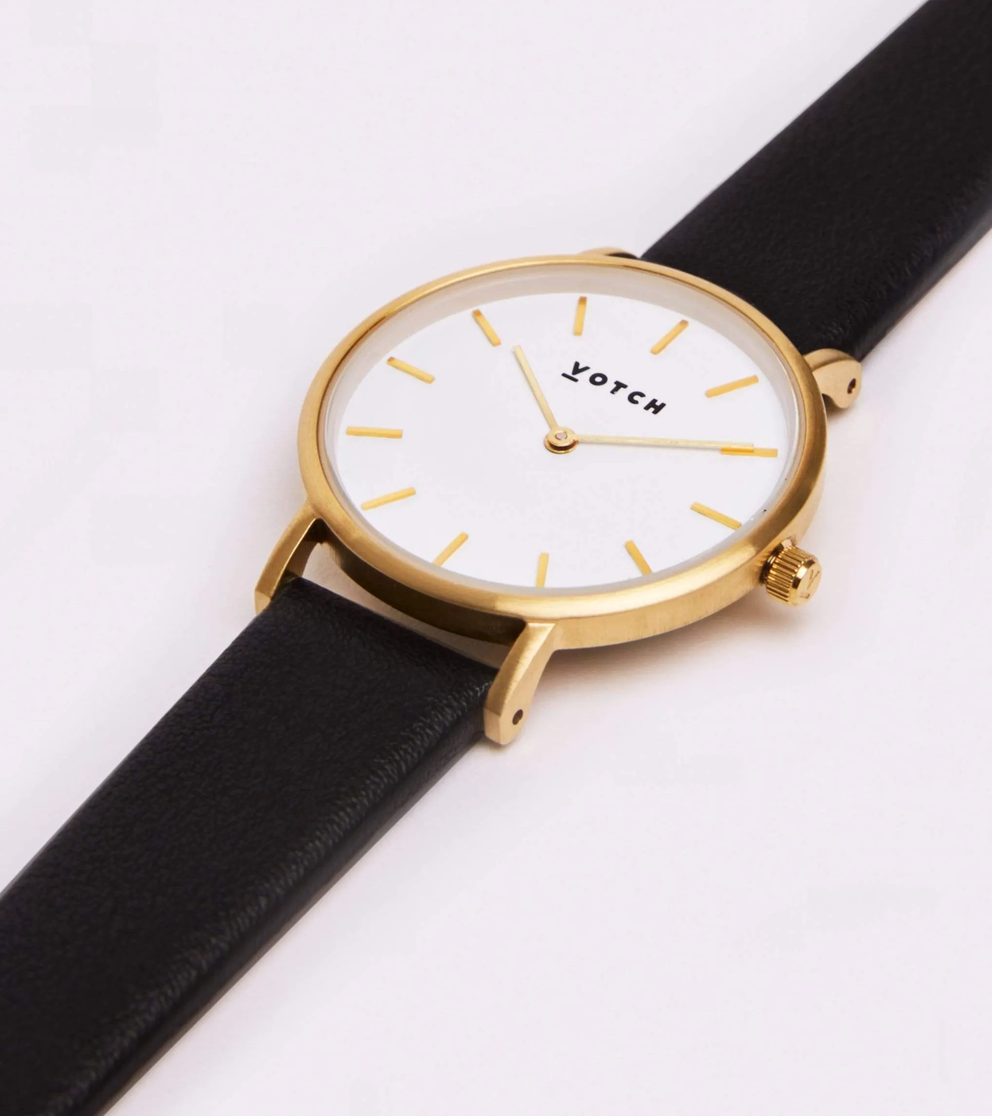 Petite Watch with Gold & White Dial | Black Vegan Leather Strap