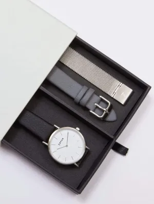 Petite Watch with Silver & White Dial Gift Set | Multi Vegan Leather & Mesh Straps