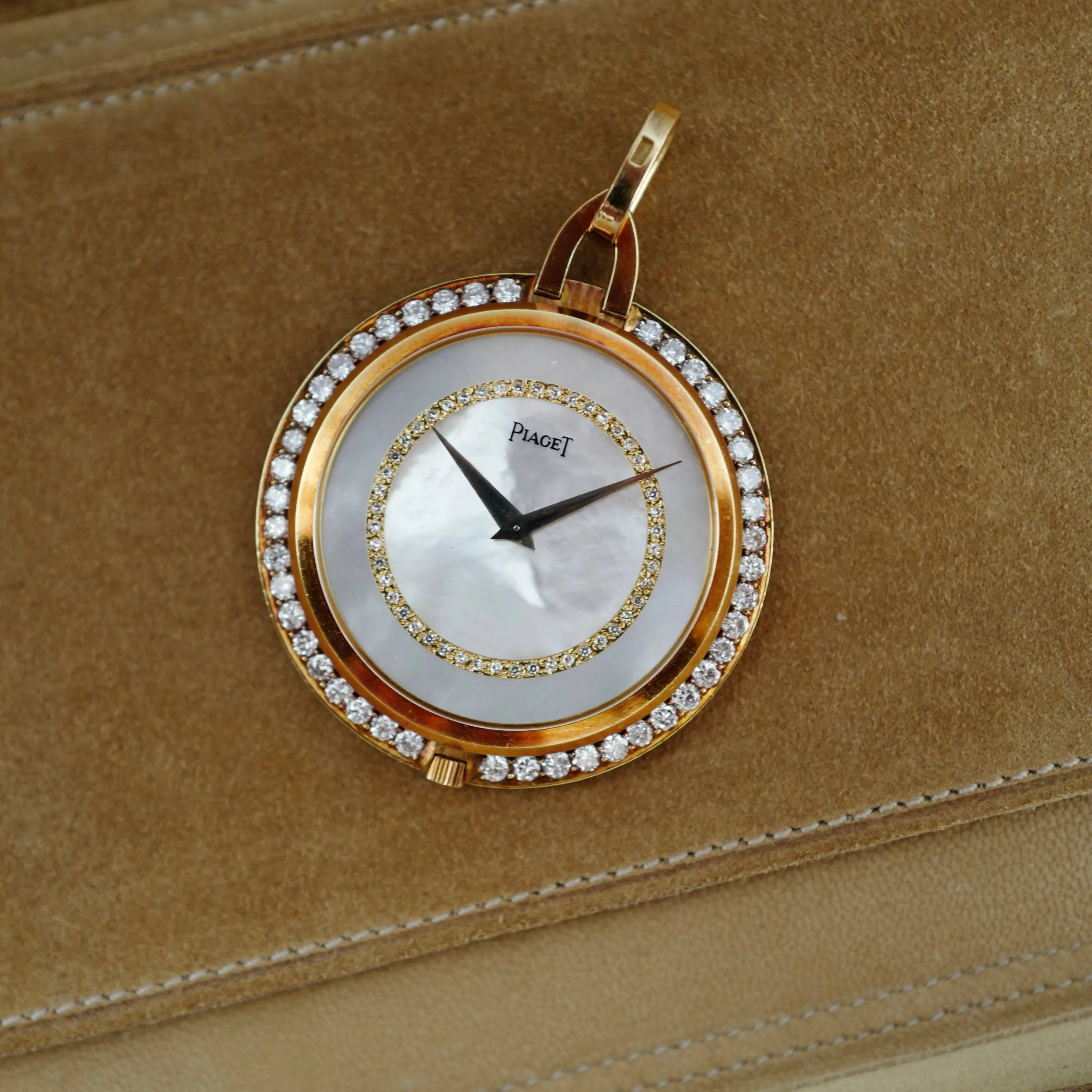 Piaget Yellow Gold and Diamond Pocket Watch with Mother of Pearl and Diamond Dial (New Arrival)