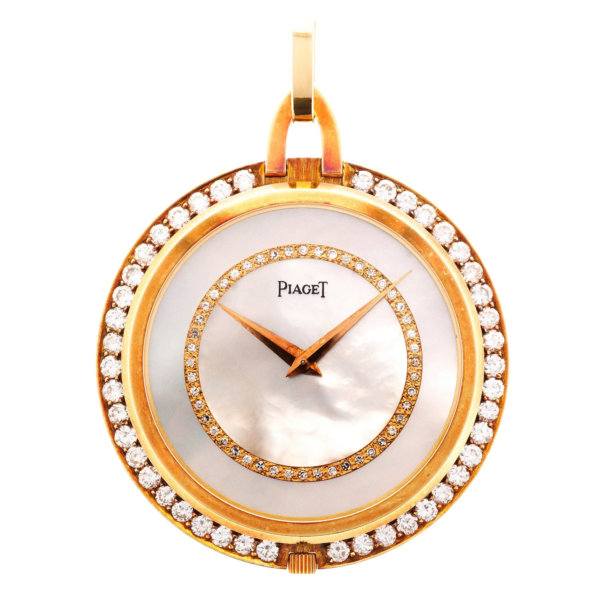 Piaget Yellow Gold and Diamond Pocket Watch with Mother of Pearl and Diamond Dial (New Arrival)