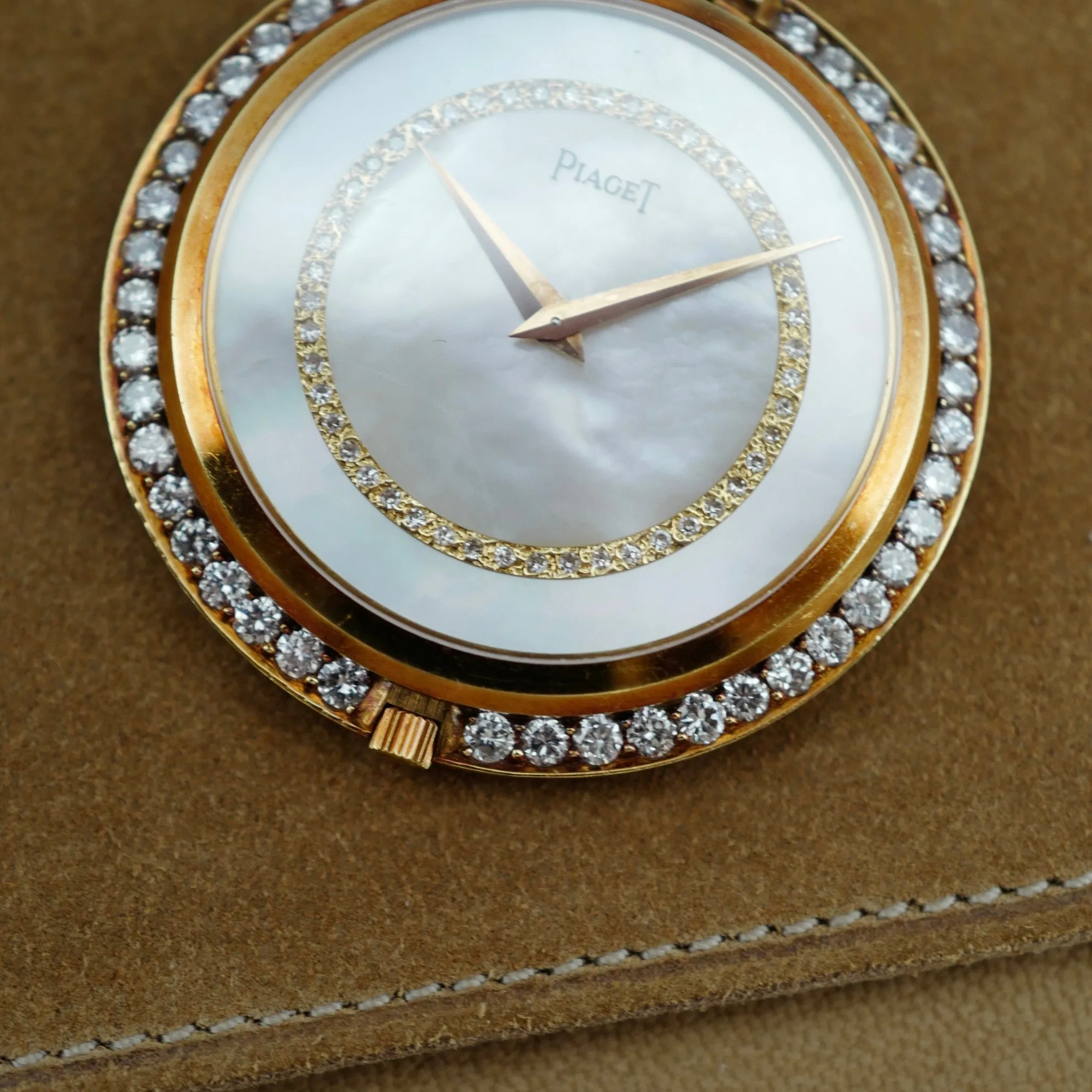 Piaget Yellow Gold and Diamond Pocket Watch with Mother of Pearl and Diamond Dial (New Arrival)