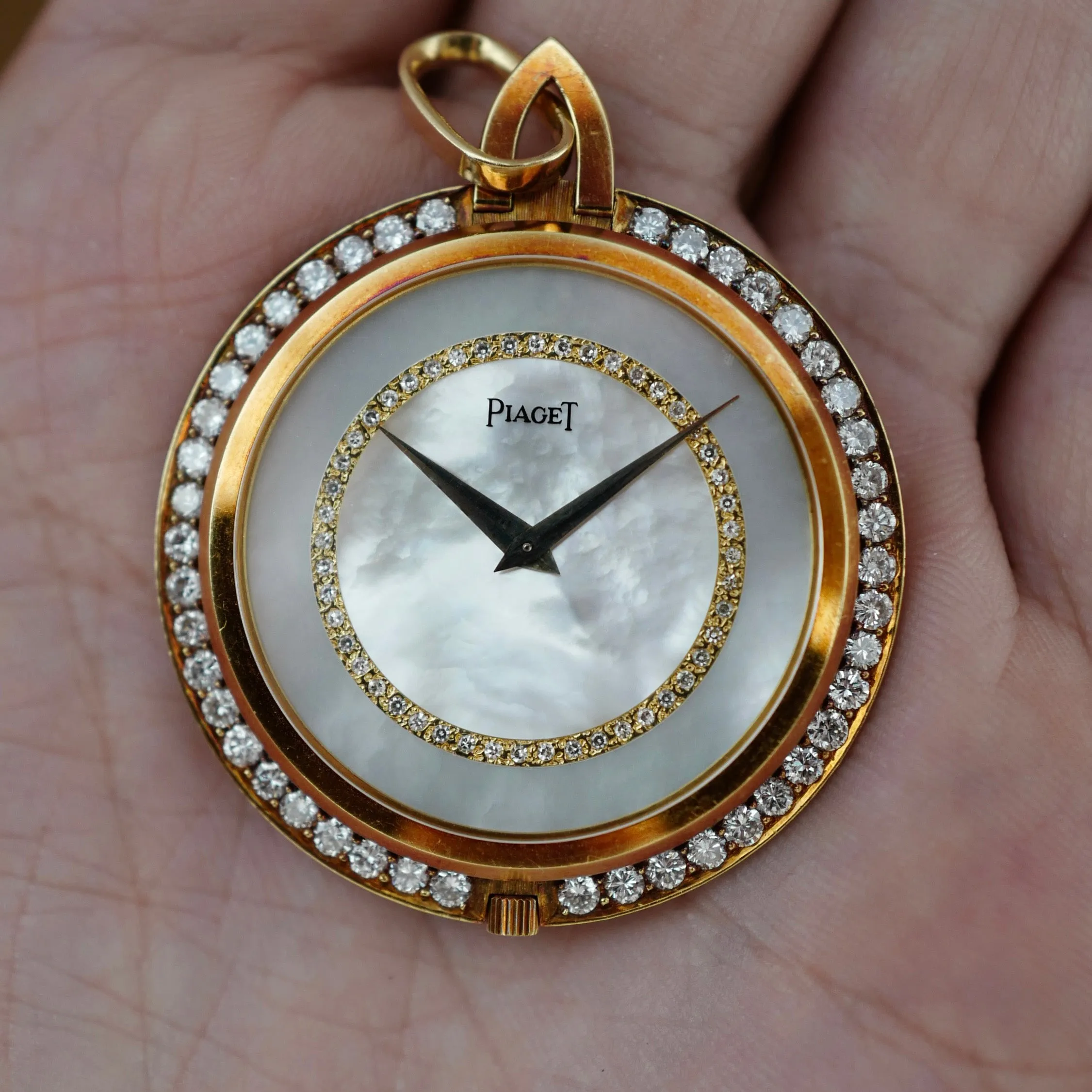 Piaget Yellow Gold and Diamond Pocket Watch with Mother of Pearl and Diamond Dial (New Arrival)