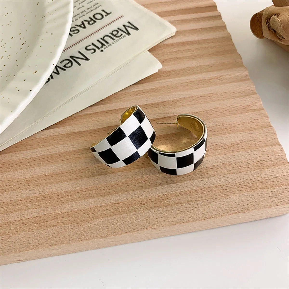 Polyurethane & 18K Gold-Plated Checker Board Huggie Earrings