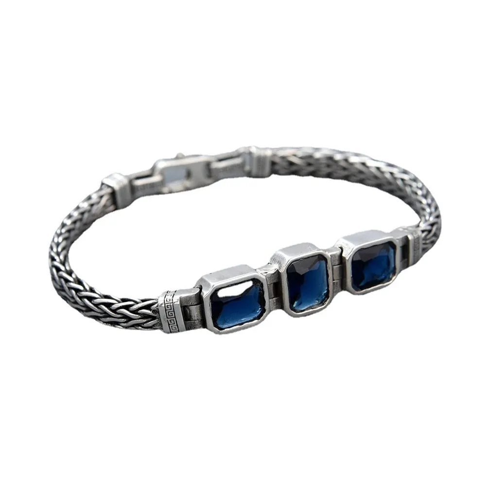 Real Solid 925 Sterling Silver Bracelet Braided Twisted Chain CZ Inlay Fashion Punk Jewelry 7.9"