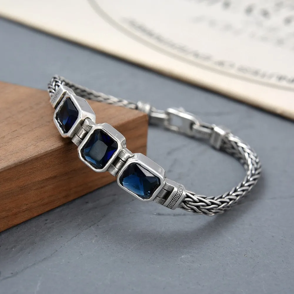Real Solid 925 Sterling Silver Bracelet Braided Twisted Chain CZ Inlay Fashion Punk Jewelry 7.9"
