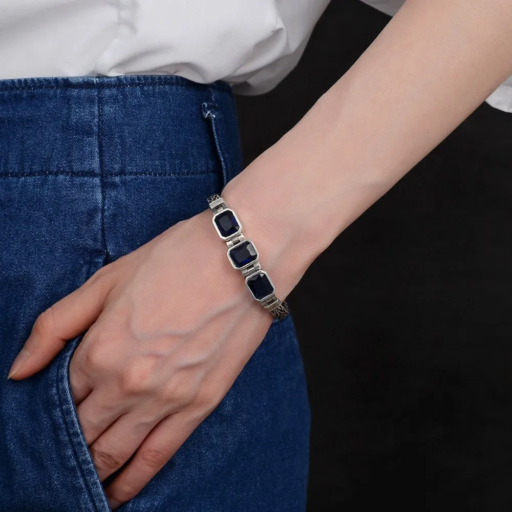 Real Solid 925 Sterling Silver Bracelet Braided Twisted Chain CZ Inlay Fashion Punk Jewelry 7.9"