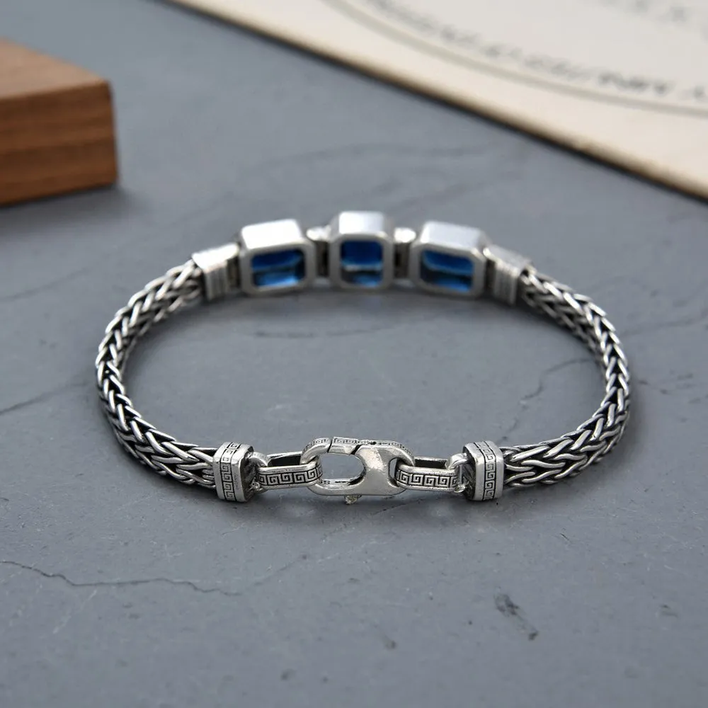 Real Solid 925 Sterling Silver Bracelet Braided Twisted Chain CZ Inlay Fashion Punk Jewelry 7.9"