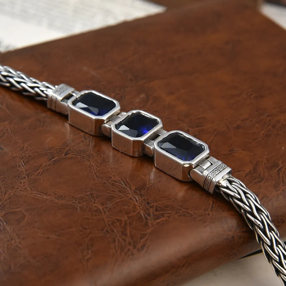 Real Solid 925 Sterling Silver Bracelet Braided Twisted Chain CZ Inlay Fashion Punk Jewelry 7.9"