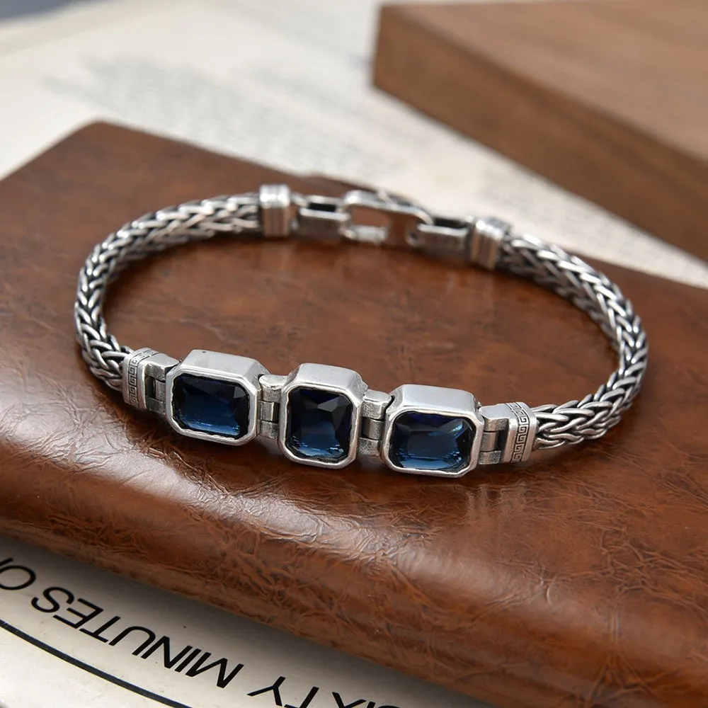 Real Solid 925 Sterling Silver Bracelet Braided Twisted Chain CZ Inlay Fashion Punk Jewelry 7.9"