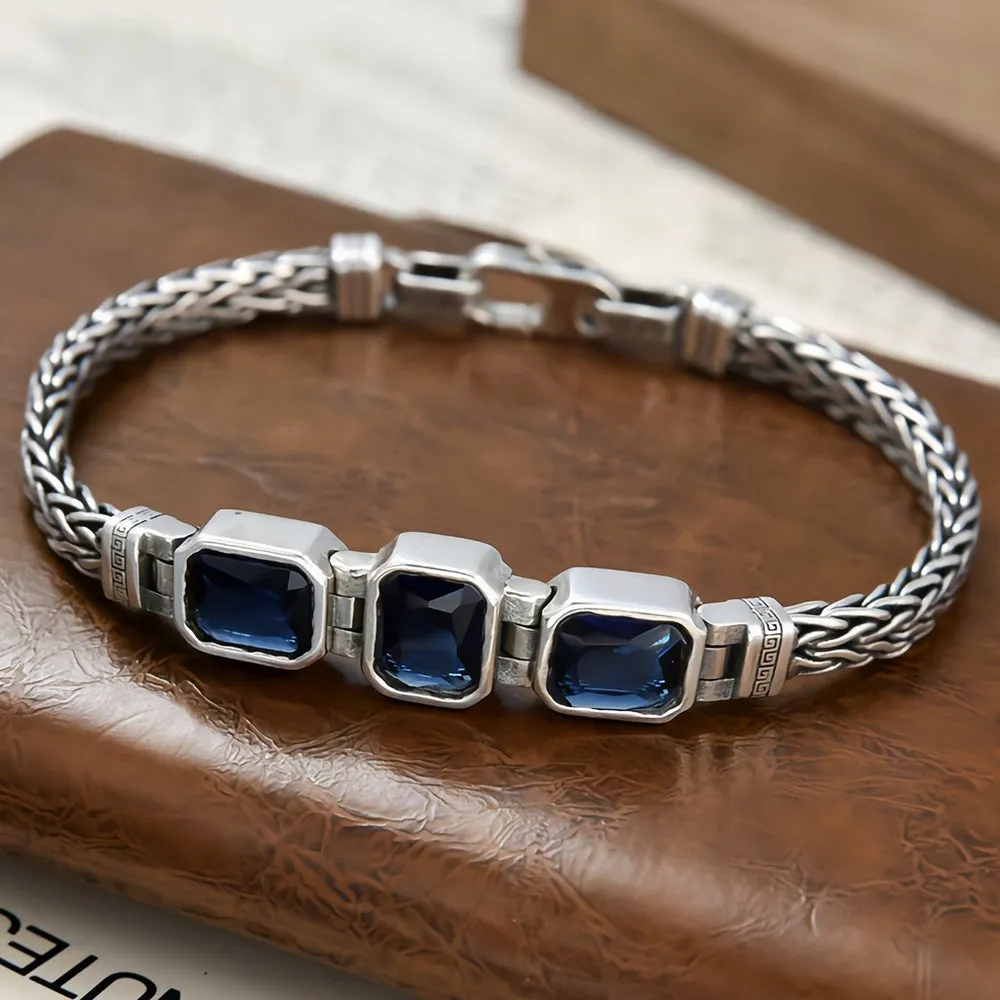 Real Solid 925 Sterling Silver Bracelet Braided Twisted Chain CZ Inlay Fashion Punk Jewelry 7.9"