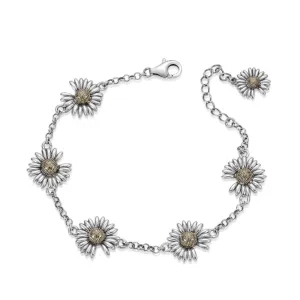 Real Solid 925 Sterling Silver Bracelet Flowers Daisy Fashion Jewelry 8.7"