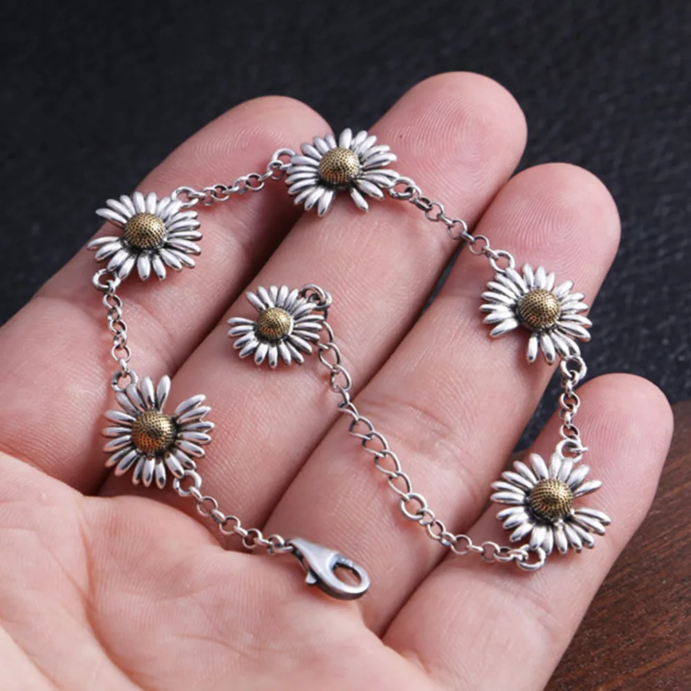 Real Solid 925 Sterling Silver Bracelet Flowers Daisy Fashion Jewelry 8.7"