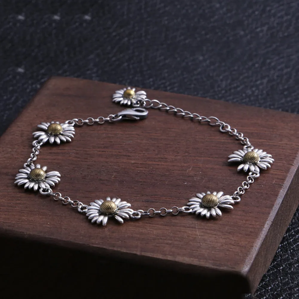 Real Solid 925 Sterling Silver Bracelet Flowers Daisy Fashion Jewelry 8.7"