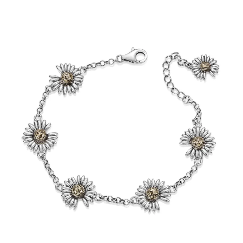 Real Solid 925 Sterling Silver Bracelet Flowers Daisy Fashion Jewelry 8.7"