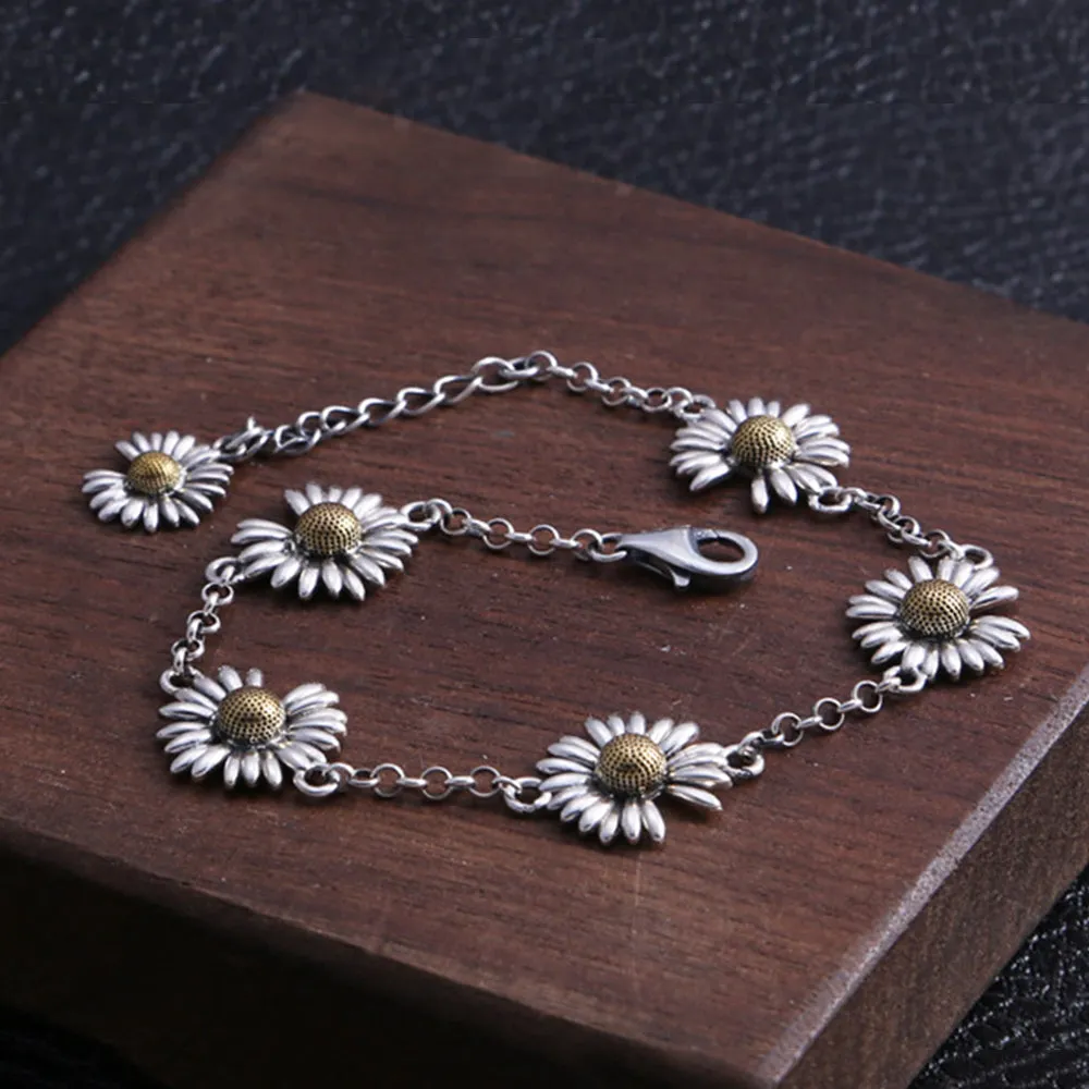Real Solid 925 Sterling Silver Bracelet Flowers Daisy Fashion Jewelry 8.7"