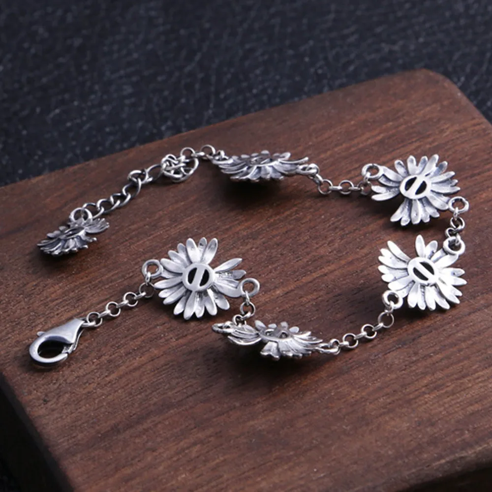 Real Solid 925 Sterling Silver Bracelet Flowers Daisy Fashion Jewelry 8.7"