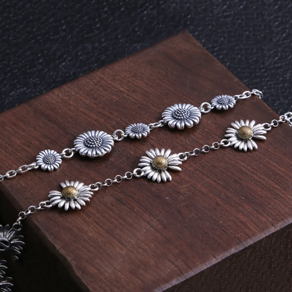 Real Solid 925 Sterling Silver Bracelet Flowers Daisy Fashion Jewelry 8.7"