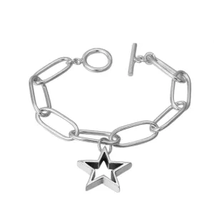 Real Solid 925 Sterling Silver Bracelet Oval Link Pentagram Star Fashion Jewelry 7.5"