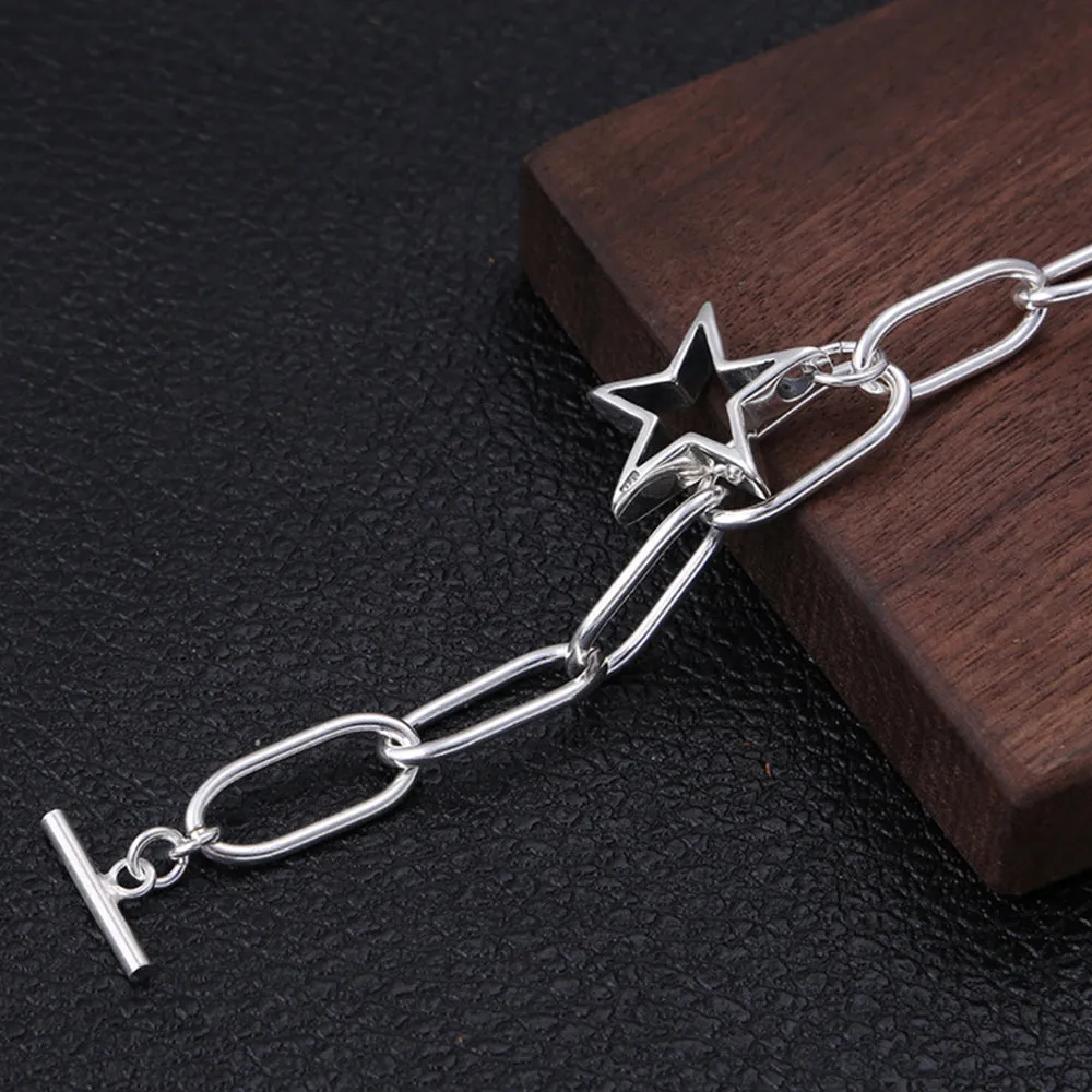 Real Solid 925 Sterling Silver Bracelet Oval Link Pentagram Star Fashion Jewelry 7.5"