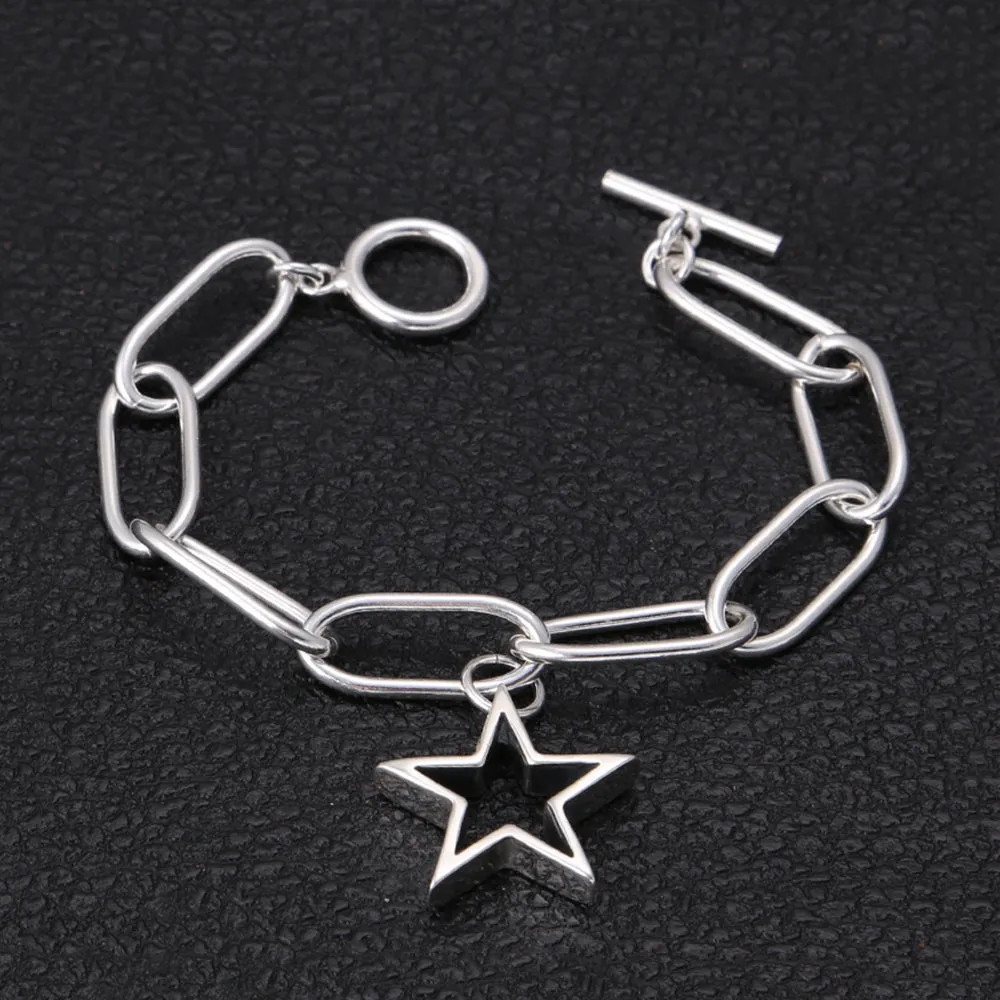 Real Solid 925 Sterling Silver Bracelet Oval Link Pentagram Star Fashion Jewelry 7.5"