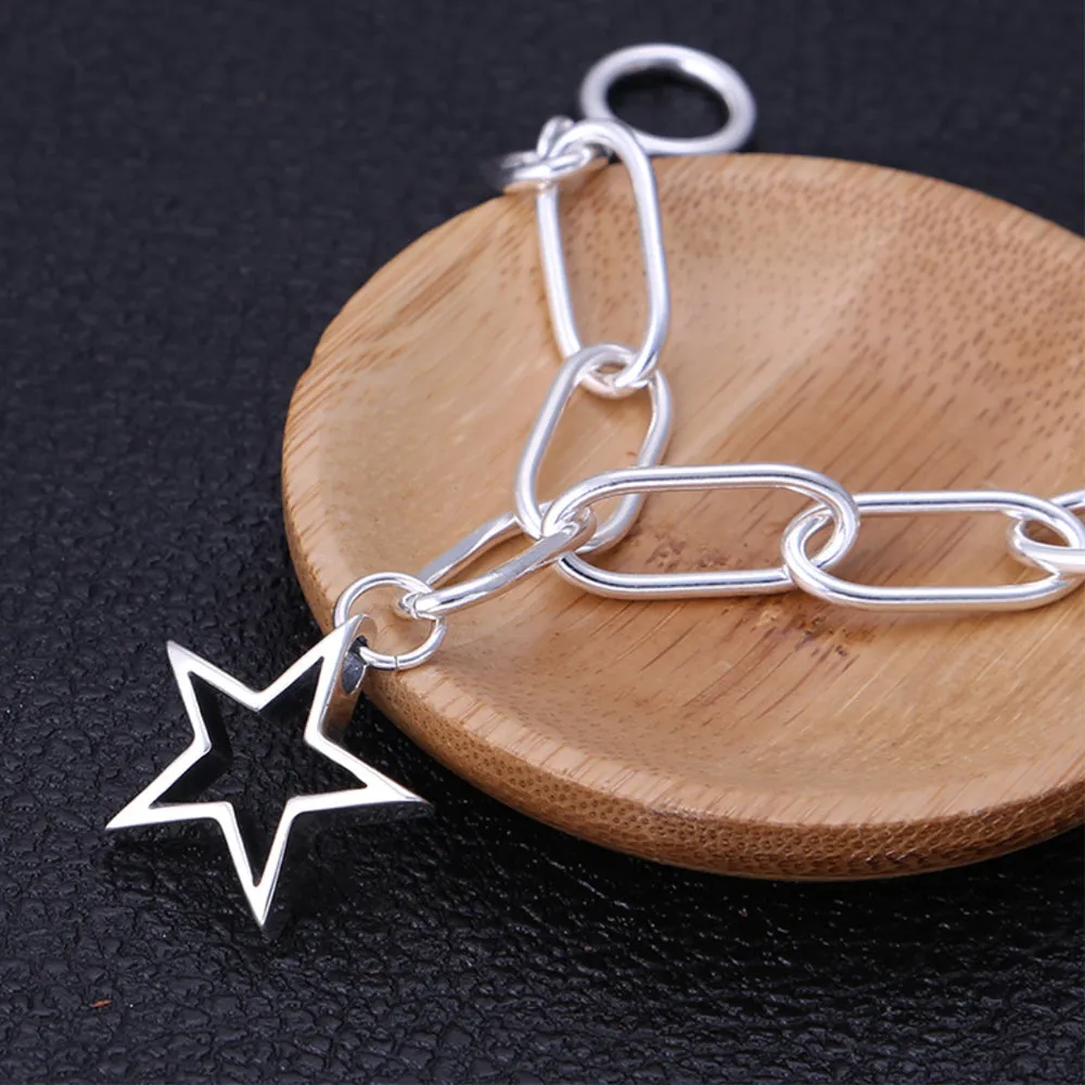 Real Solid 925 Sterling Silver Bracelet Oval Link Pentagram Star Fashion Jewelry 7.5"