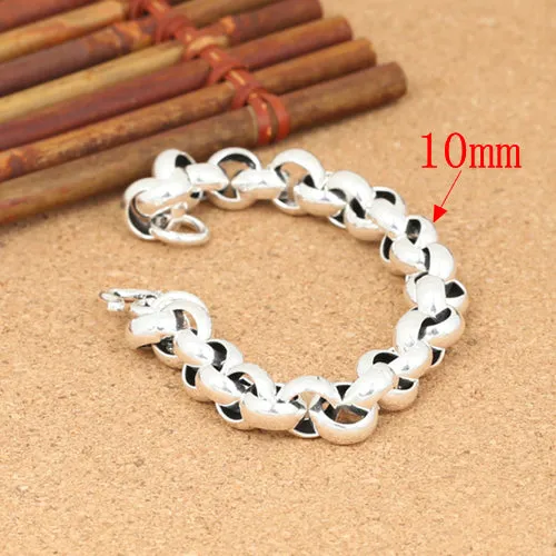 Real Solid 925 Sterling Silver Bracelet Round Link Chain Fashion Punk Jewelry 7.9" 8.3"