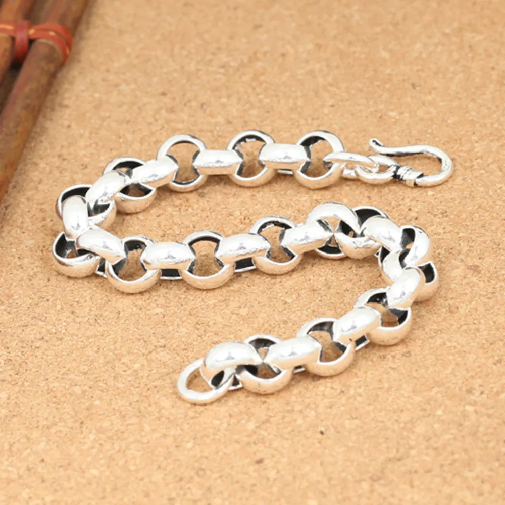 Real Solid 925 Sterling Silver Bracelet Round Link Chain Fashion Punk Jewelry 7.9" 8.3"
