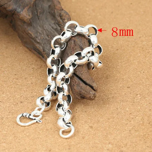 Real Solid 925 Sterling Silver Bracelet Round Link Chain Fashion Punk Jewelry 7.9" 8.3"