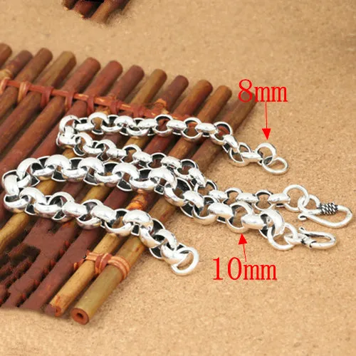 Real Solid 925 Sterling Silver Bracelet Round Link Chain Fashion Punk Jewelry 7.9" 8.3"